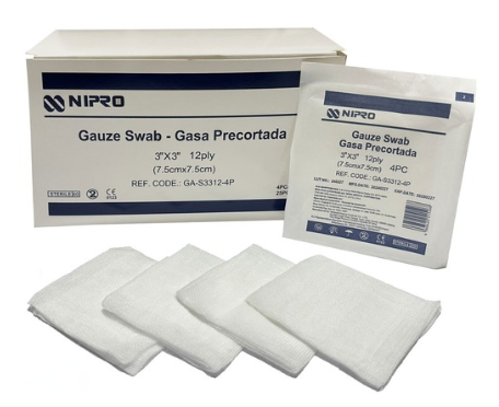 Gasa precortada estéril 3x3, 12 pl, 20 hilos